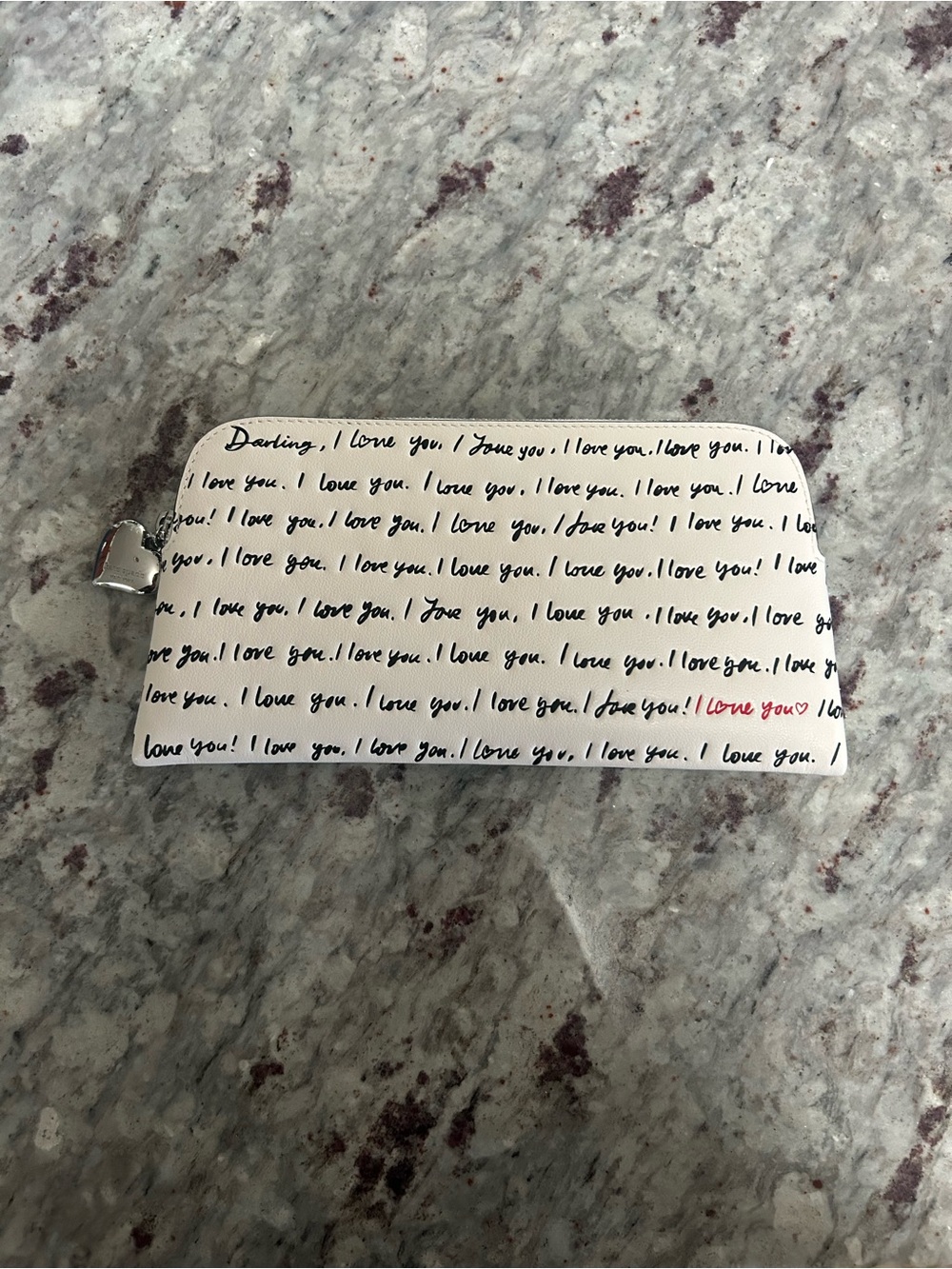 kate spade White “I Love You" Long Zip Wallet with Silver Heart Pull